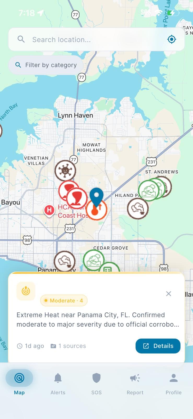 CrisisEcho app displaying a verified crisis on the live map