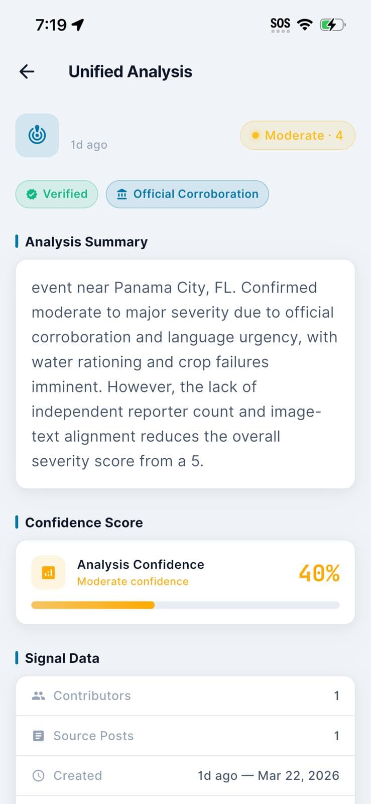 Crisis details page with AI summary and sources